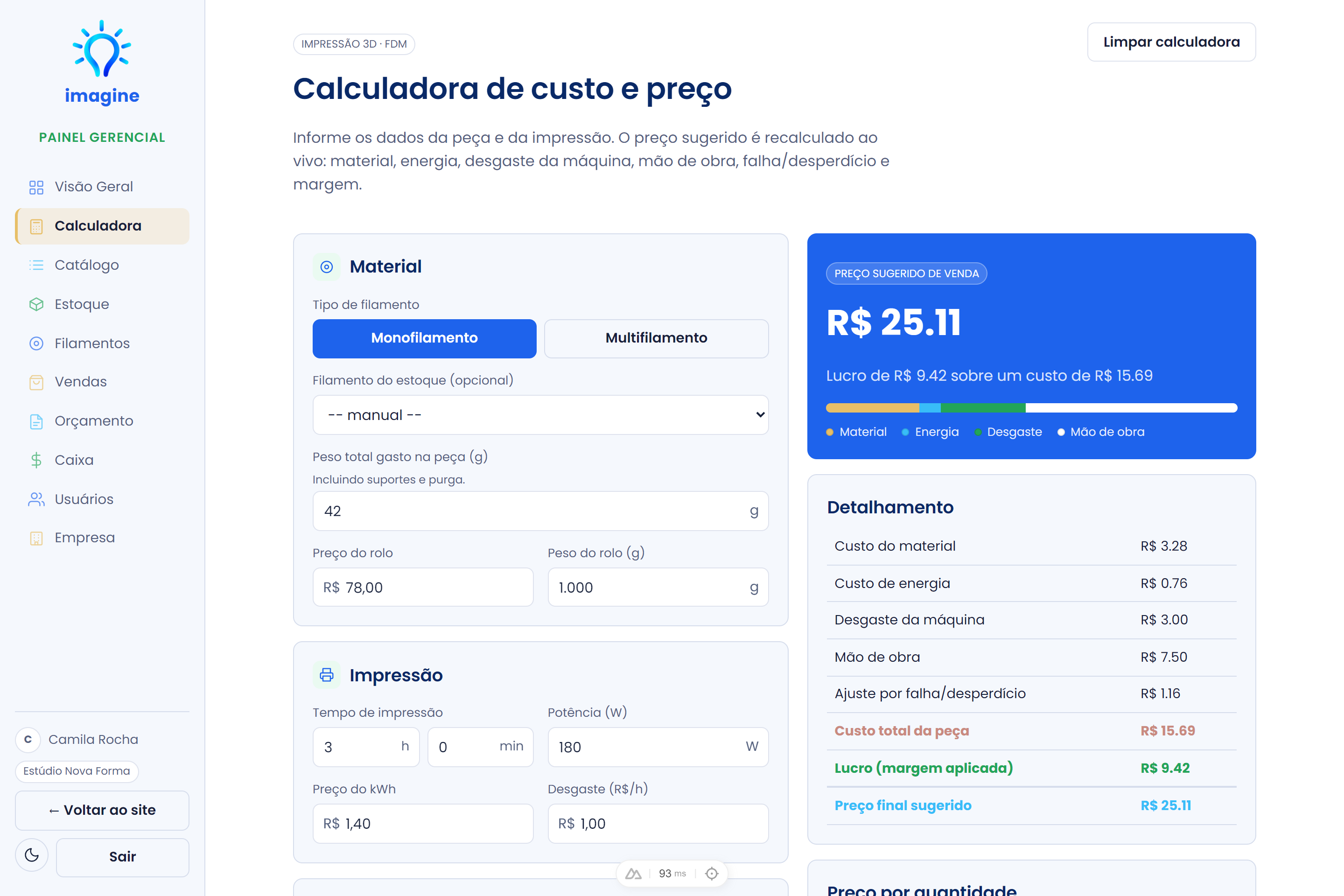 Calculadora de custo e preço da Imagine mostrando o detalhamento de uma peça