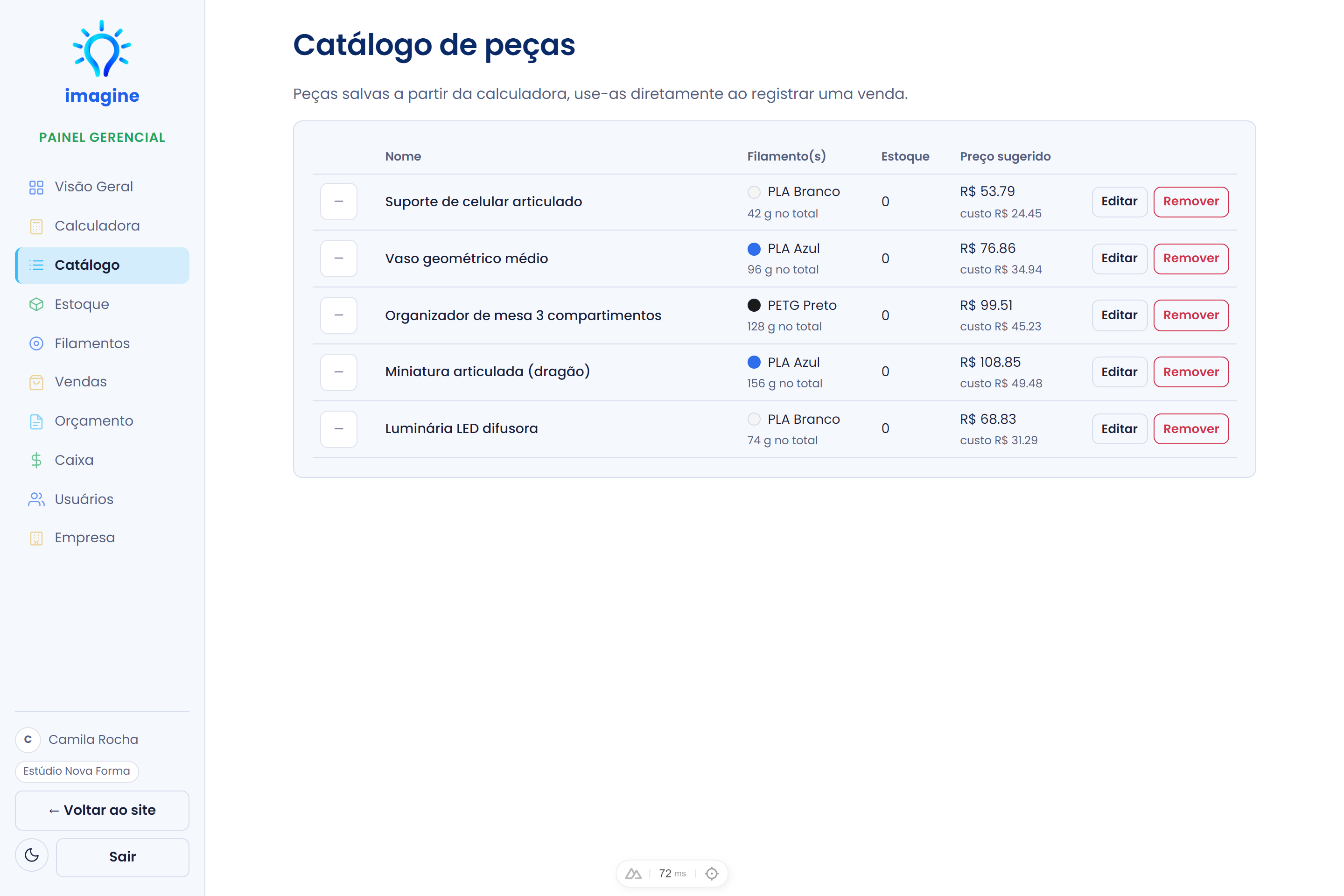 Catálogo de peças da Imagine com custo e preço sugerido de cada item