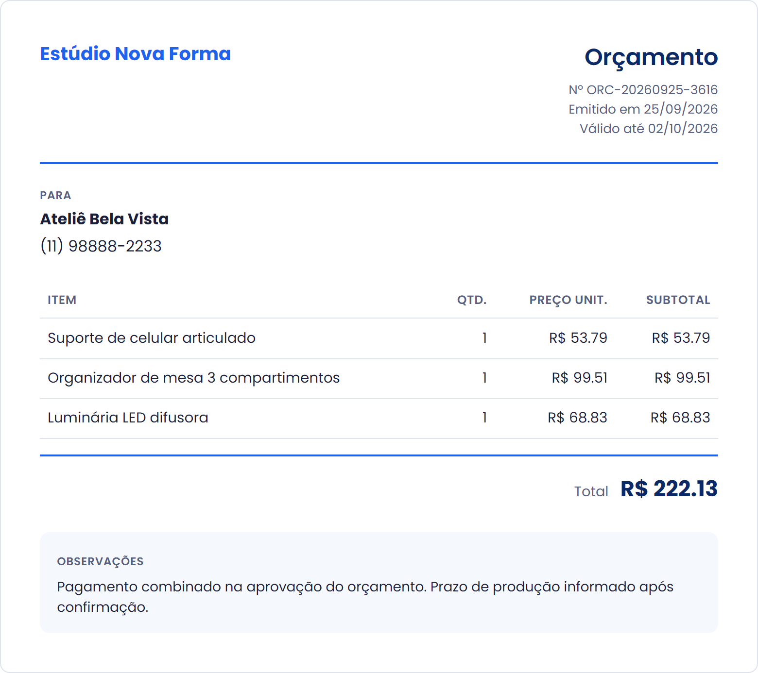 Orçamento em PDF gerado pela Imagine com logotipo e itens do catálogo